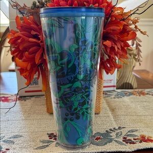 Starbucks Blue and Green Floral Tumbler blue berry corsage. No straw